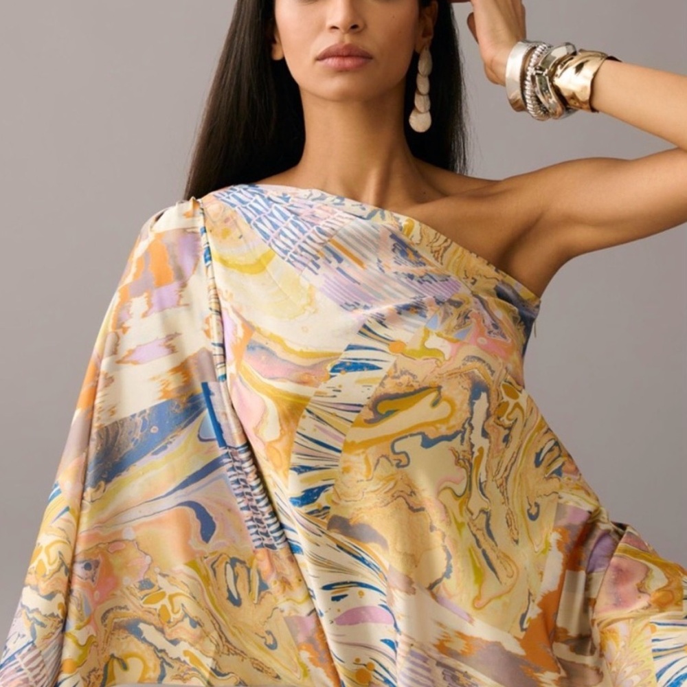 Anthropologie One-Shoulder Marble Maxi Dress in Pastel Yellow, Blue and Pink
